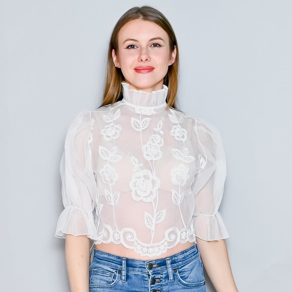 VINTAGE 70s White Organza Embroidered High-Neck Blouse XS - Picture 1 of 12